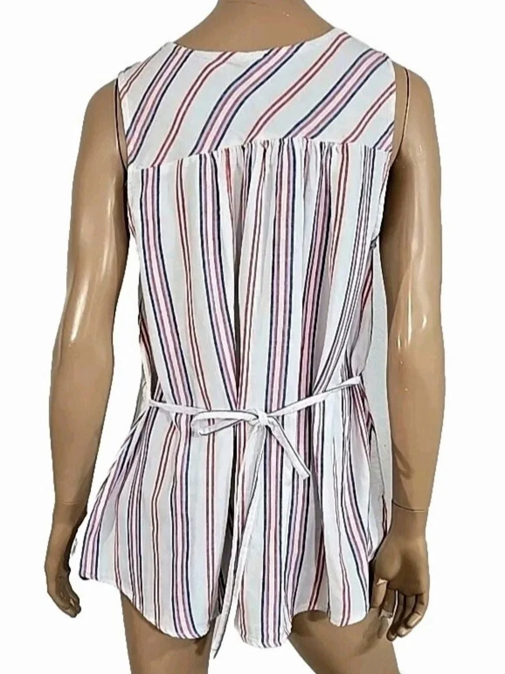 Seven7 Womens Large Sleeveless Tasseled Beachy Cotton Top White Red Blue Striped
